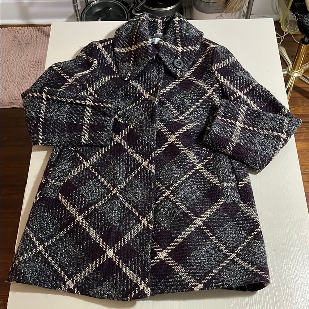 Womens Plaid Wool-Blend Short Coat - Black & Cream